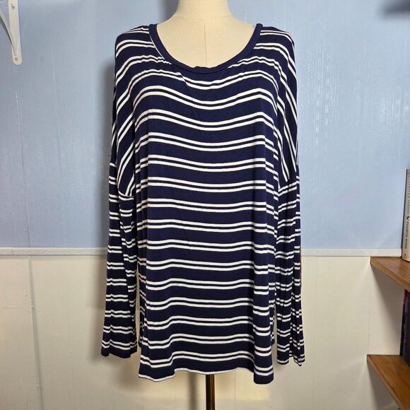 Unbranded Medium Navy Blue White Striped Longsleeve Tee with Sequin Elbow Pads - Picture 1 of 10